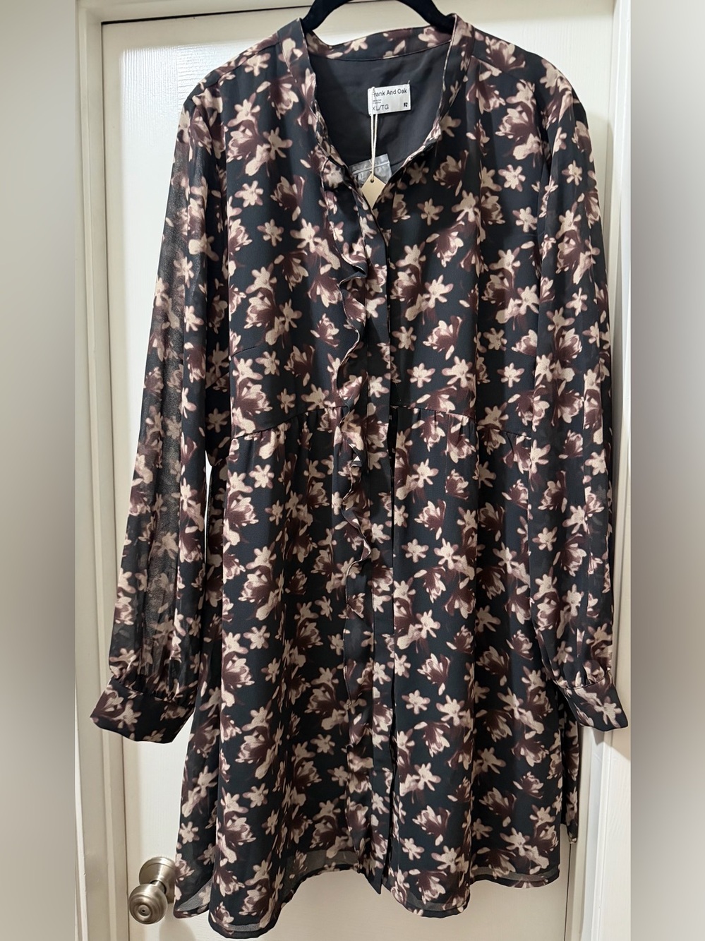 Frank & Oak Black Floral Long-Sleeve Ruffle Fit & Flare Dress